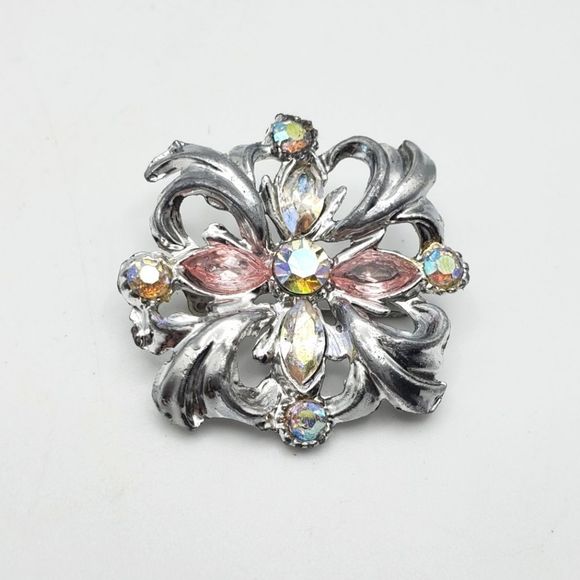 Jewelry - Aurora Borealis AB & Pink Navette Rhinestone Silver Tone Brooch